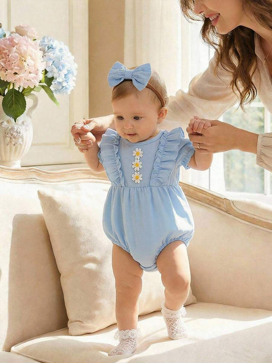 Baby Girl 2-Piece Ruffle Bodysuit Set - Adorable Sleeveless Design with Headband