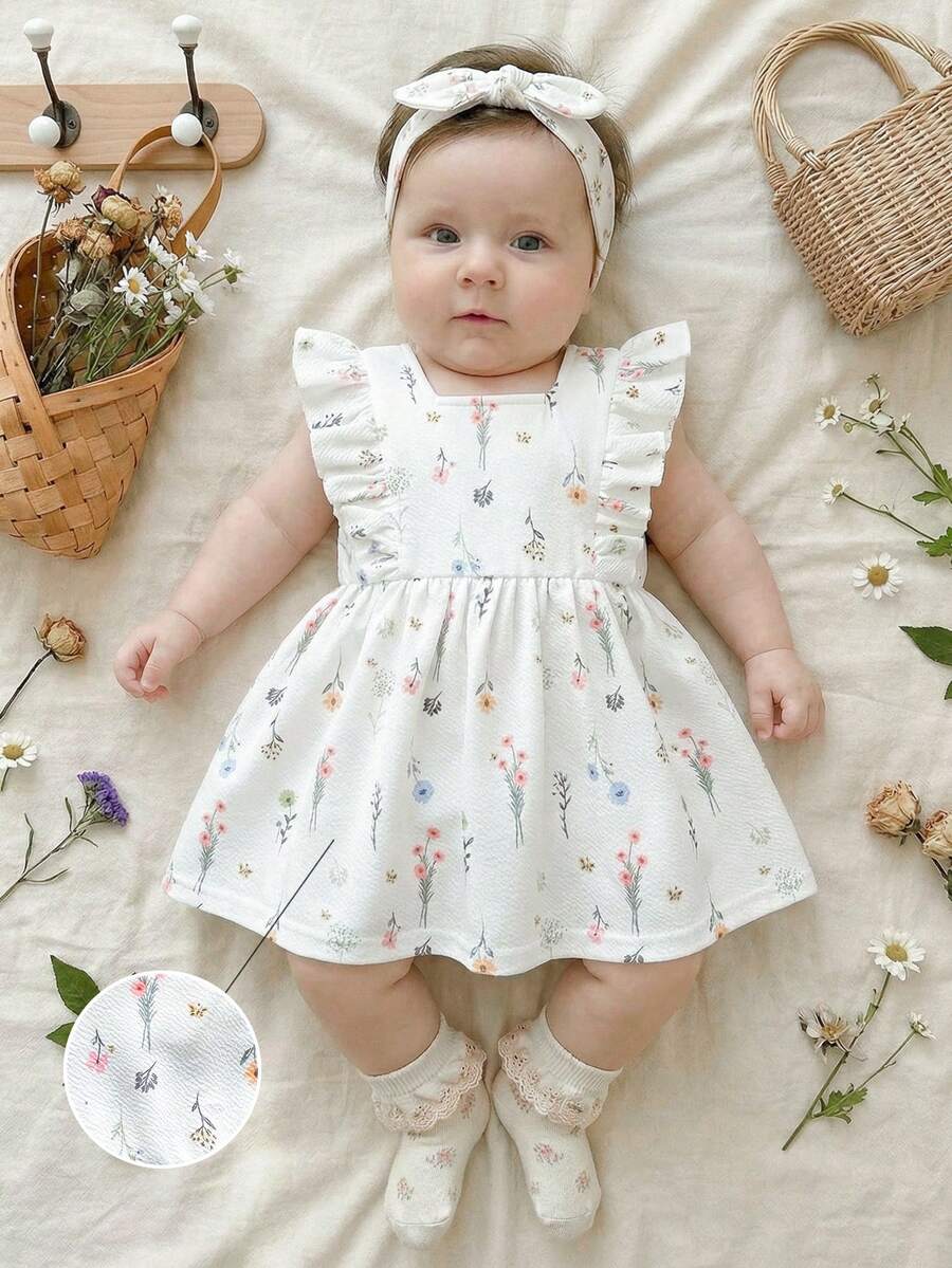 Baby Daisy Print Ruffled Hem Dress for Cute Summer Daily Wear