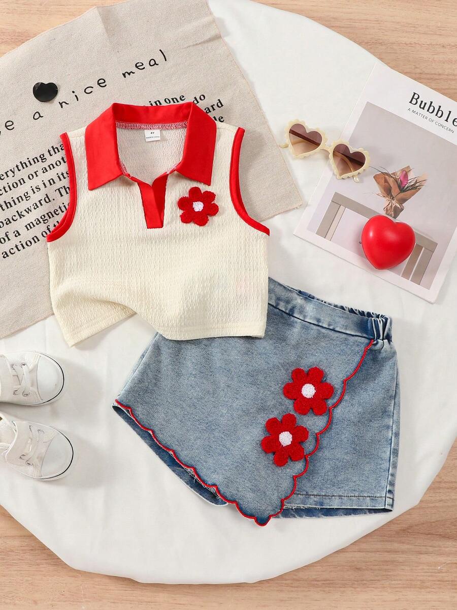 Toddler Girls Textured Knit Vest Top And Denim Skort Flower Embroidered Summer Outfit Set