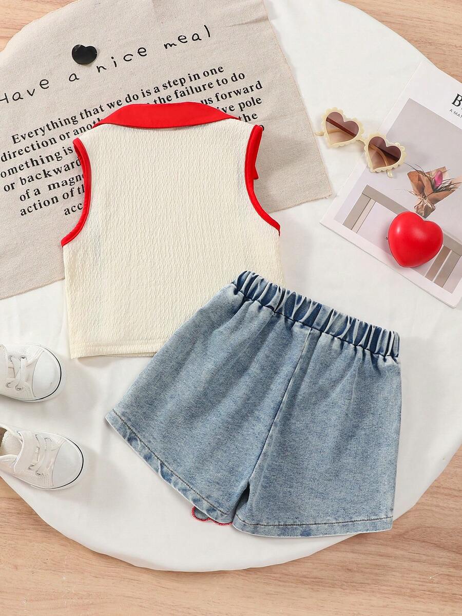 Toddler Girls Textured Knit Vest Top And Denim Skort Flower Embroidered Summer Outfit Set