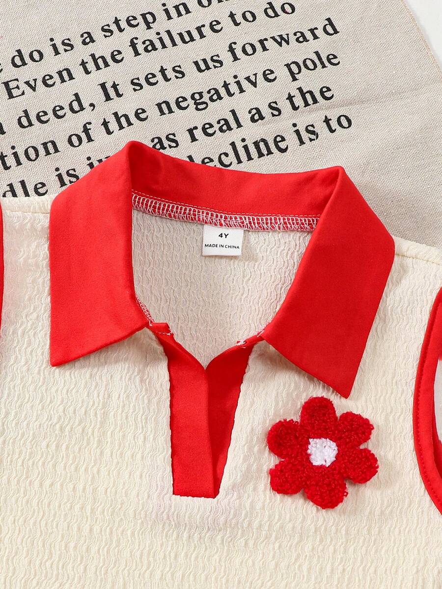 Toddler Girls Textured Knit Vest Top And Denim Skort Flower Embroidered Summer Outfit Set
