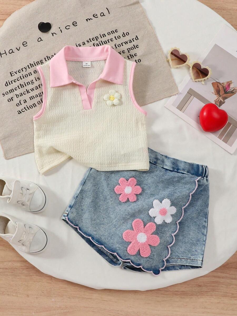 Toddler Girls Textured Knit Vest Top And Denim Skort Flower Embroidered Summer Outfit Set