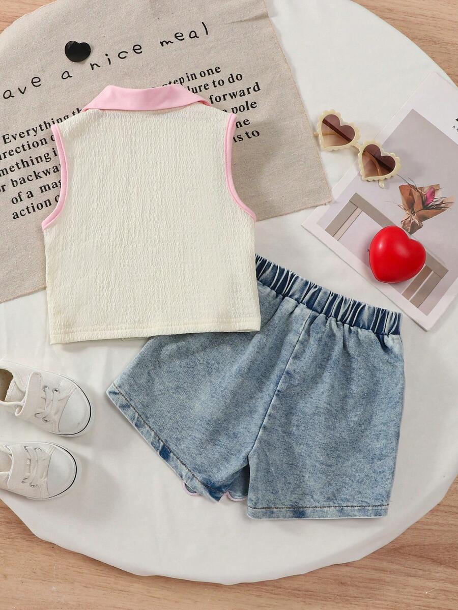 Toddler Girls Textured Knit Vest Top And Denim Skort Flower Embroidered Summer Outfit Set
