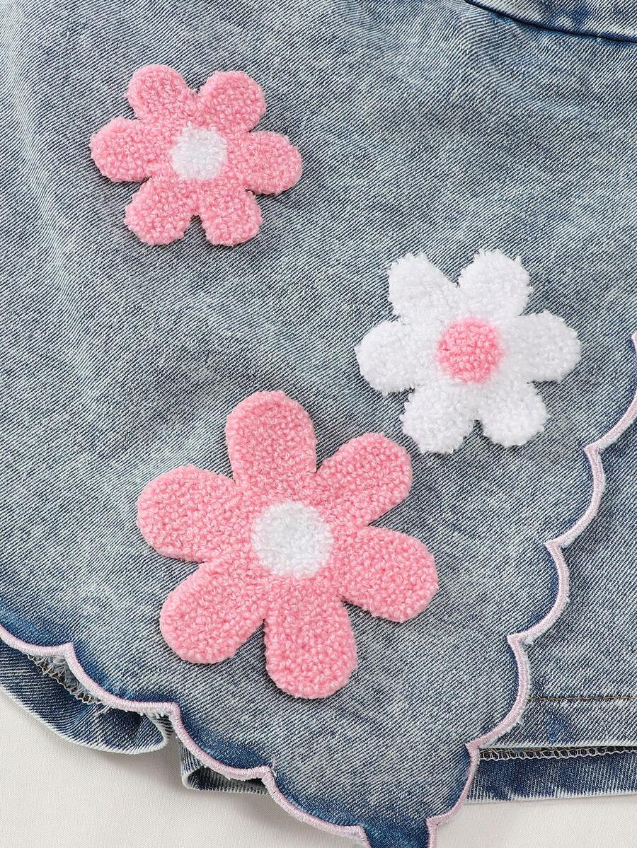Toddler Girls Textured Knit Vest Top And Denim Skort Flower Embroidered Summer Outfit Set
