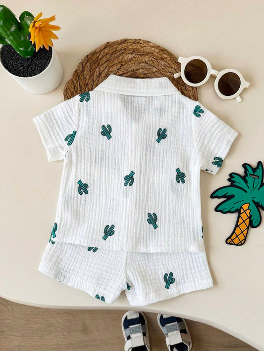 Baby Boy Cactus Print Shirt and Shorts Set for Cute Summer Daily Wear