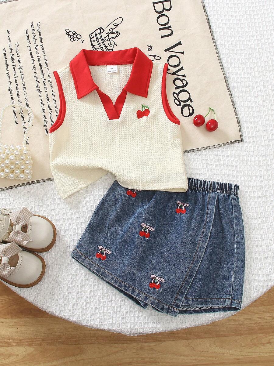 Toddler Girls Textured Knit Vest Top And Denim Skort Flower Embroidered Summer Outfit Set