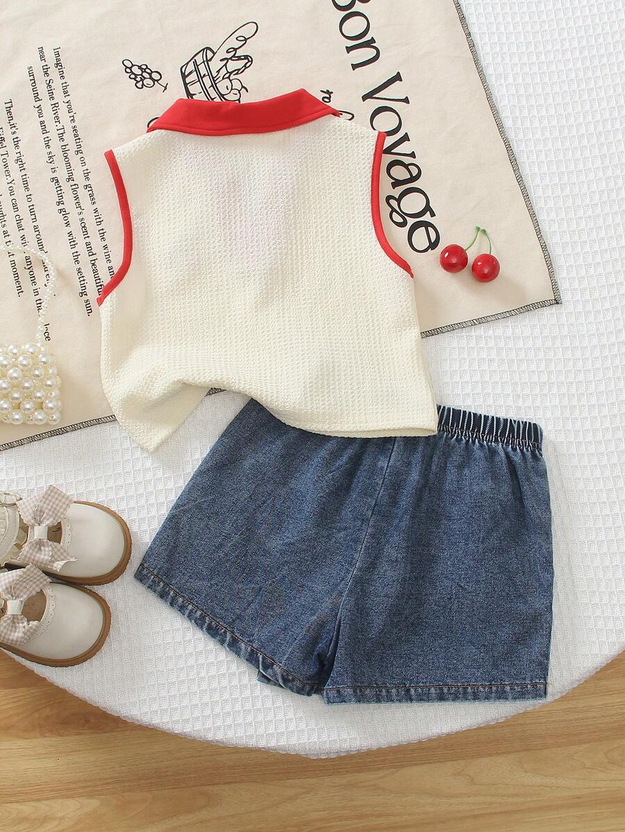 Toddler Girls Textured Knit Vest Top And Denim Skort Flower Embroidered Summer Outfit Set