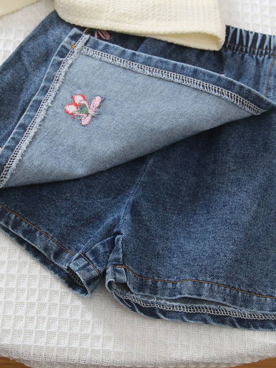 Toddler Girls Textured Knit Vest Top And Denim Skort Flower Embroidered Summer Outfit Set