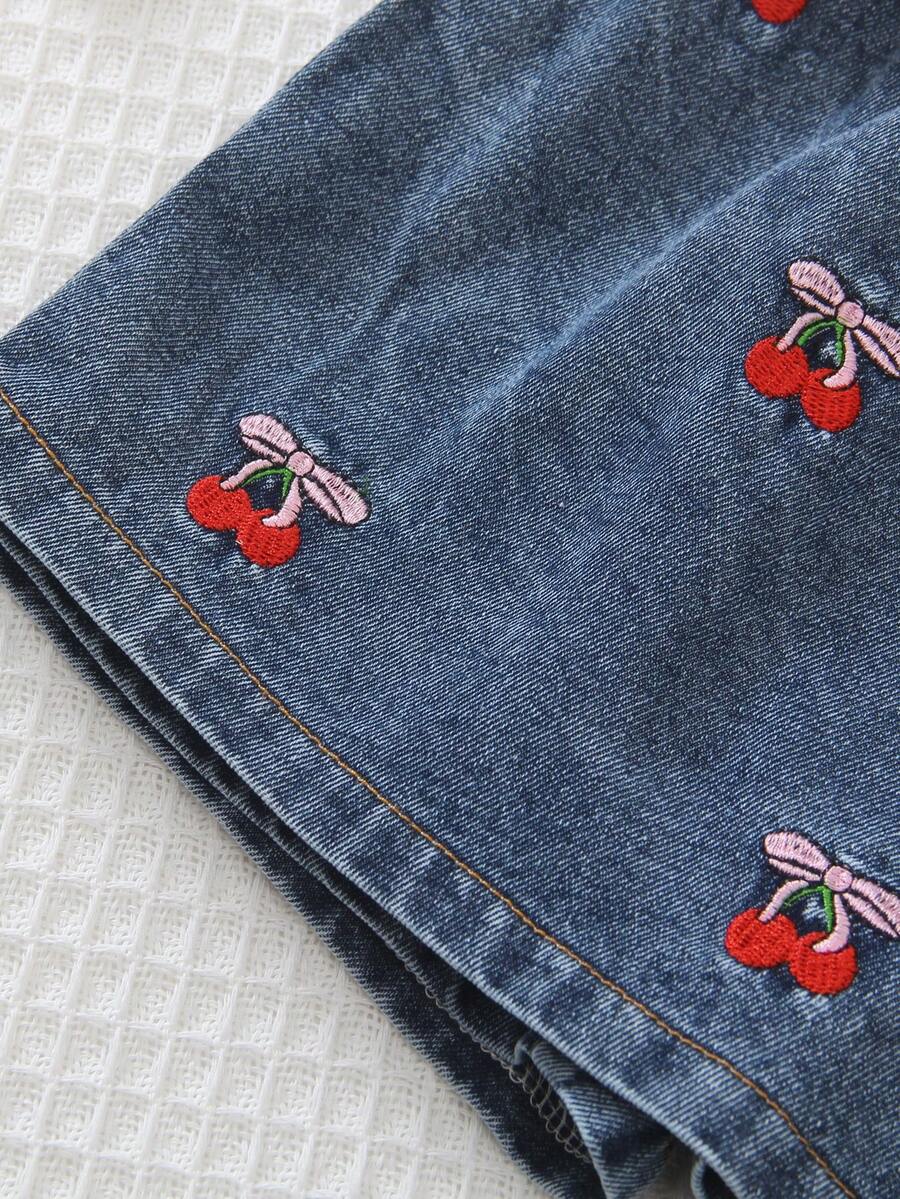 Toddler Girls Textured Knit Vest Top And Denim Skort Flower Embroidered Summer Outfit Set