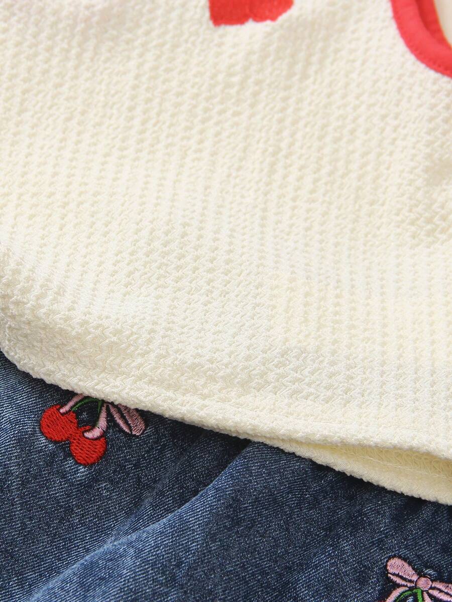 Toddler Girls Textured Knit Vest Top And Denim Skort Flower Embroidered Summer Outfit Set