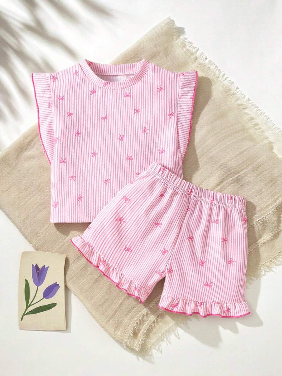 Baby Girl Black & White Striped Ruffle Sleeve T-Shirt & Shorts Set