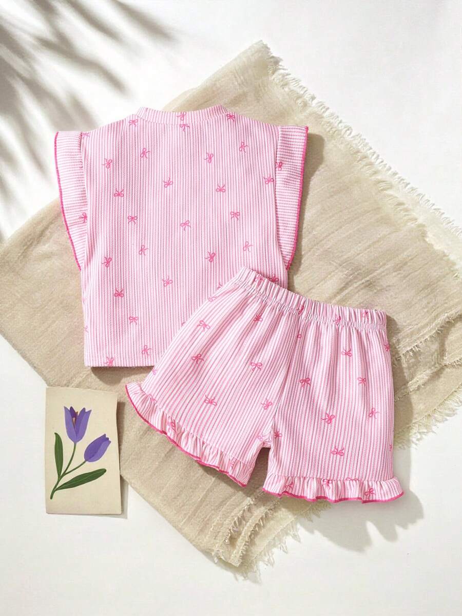 Baby Girl Black & White Striped Ruffle Sleeve T-Shirt & Shorts Set