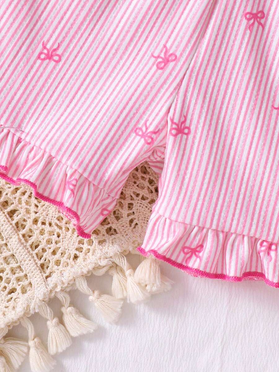 Baby Girl Black & White Striped Ruffle Sleeve T-Shirt & Shorts Set