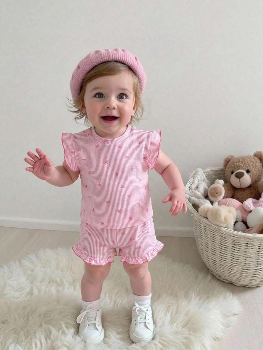 Baby Girl Black & White Striped Ruffle Sleeve T-Shirt & Shorts Set