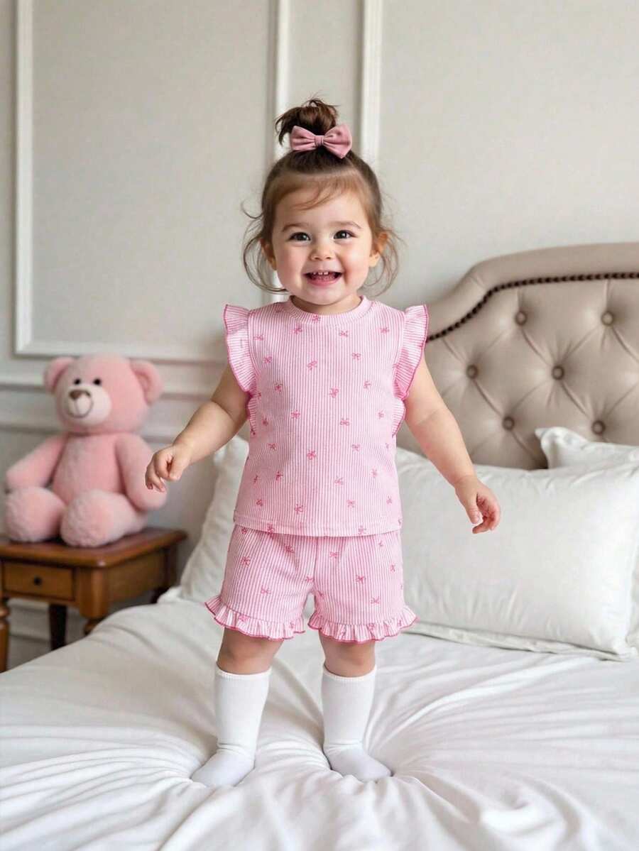 Baby Girl Black & White Striped Ruffle Sleeve T-Shirt & Shorts Set