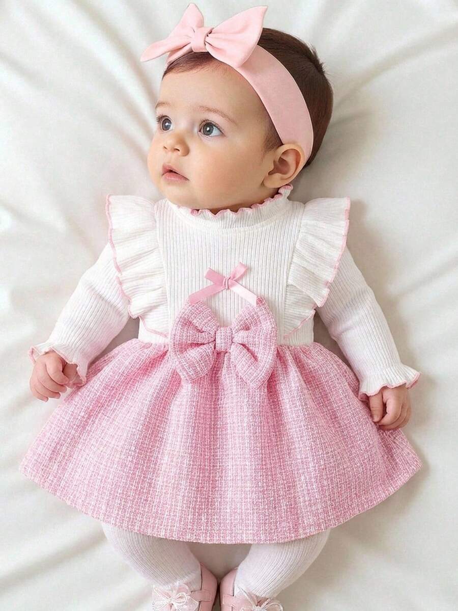 Baby Heart Pattern Dress and Headband Set for Cute All Season Daily Wear