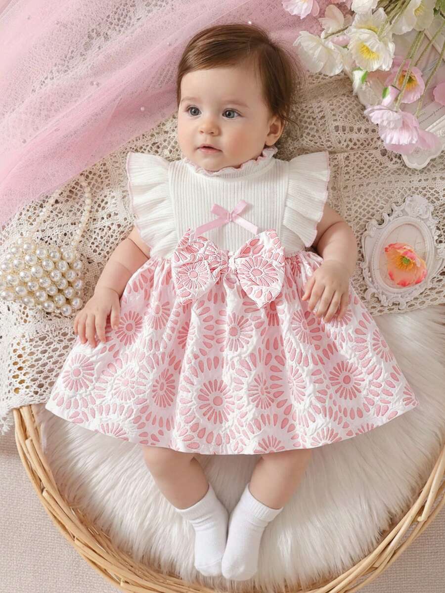 Baby Lace Collar Pink Bow Dress for Elegant Retro Summer Wear
