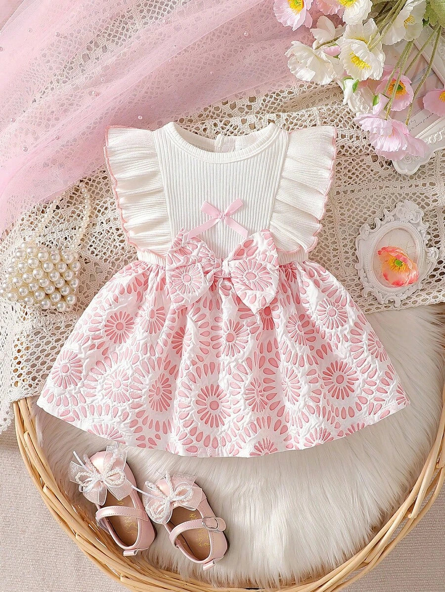Baby Lace Collar Pink Bow Dress for Elegant Retro Summer Wear