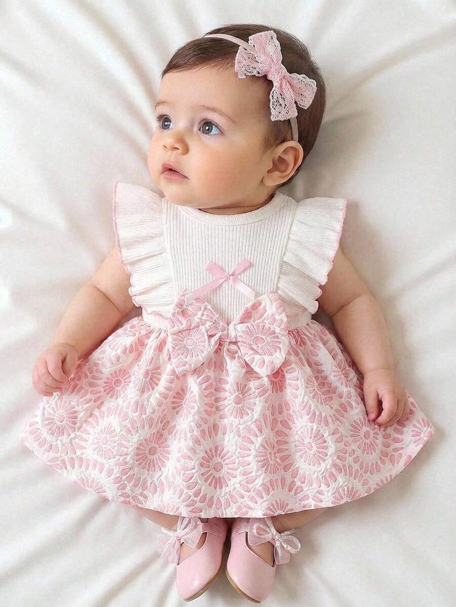 Baby Lace Collar Pink Bow Dress for Elegant Retro Summer Wear