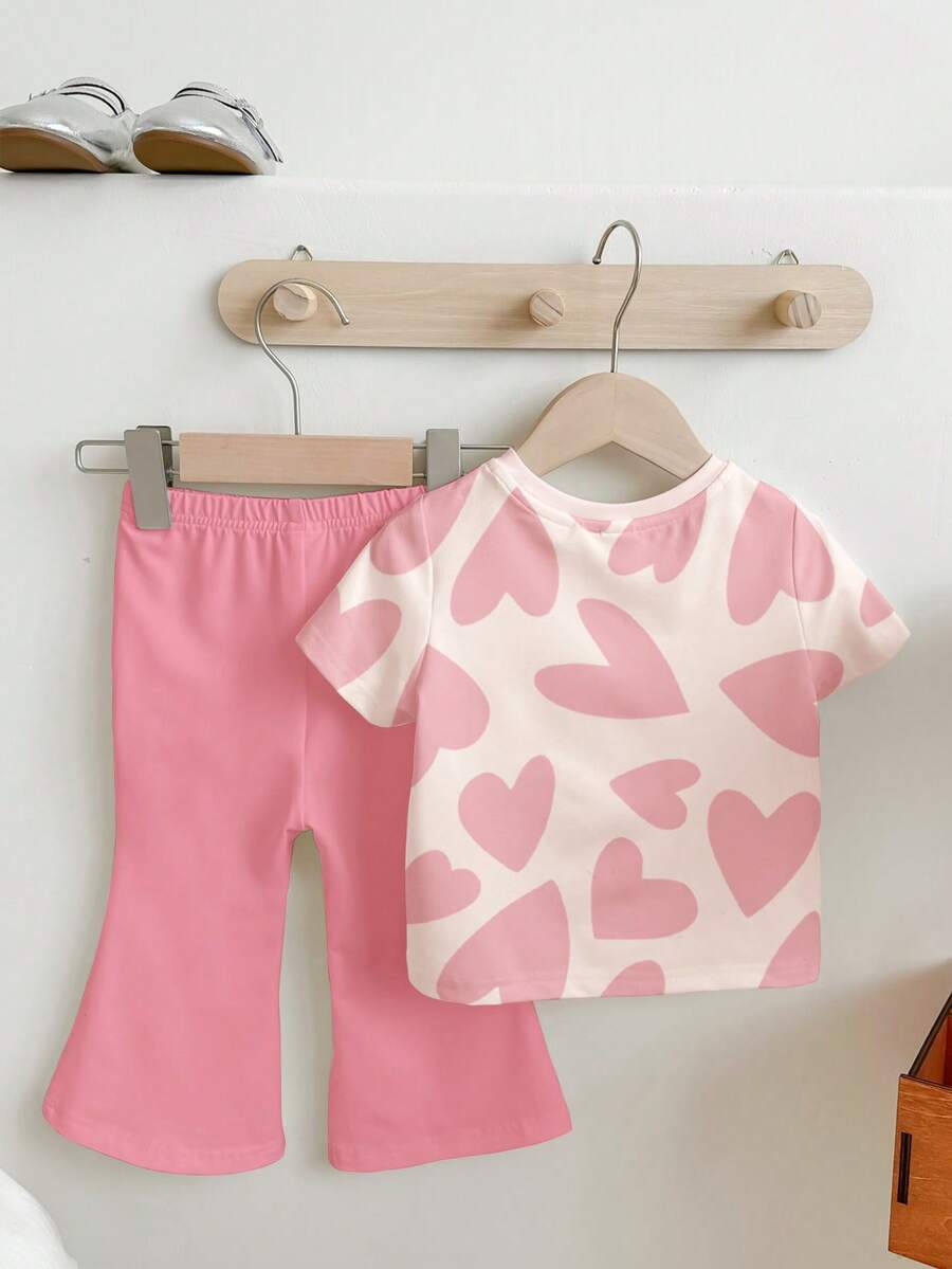 Soft Round Neck Short Sleeve Top and Flexible Flare Leg Trousers Casual Spring Summer Clothes Set for Girls