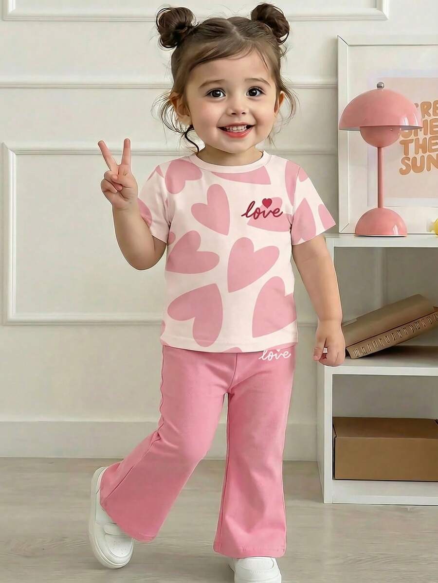Soft Round Neck Short Sleeve Top and Flexible Flare Leg Trousers Casual Spring Summer Clothes Set for Girls