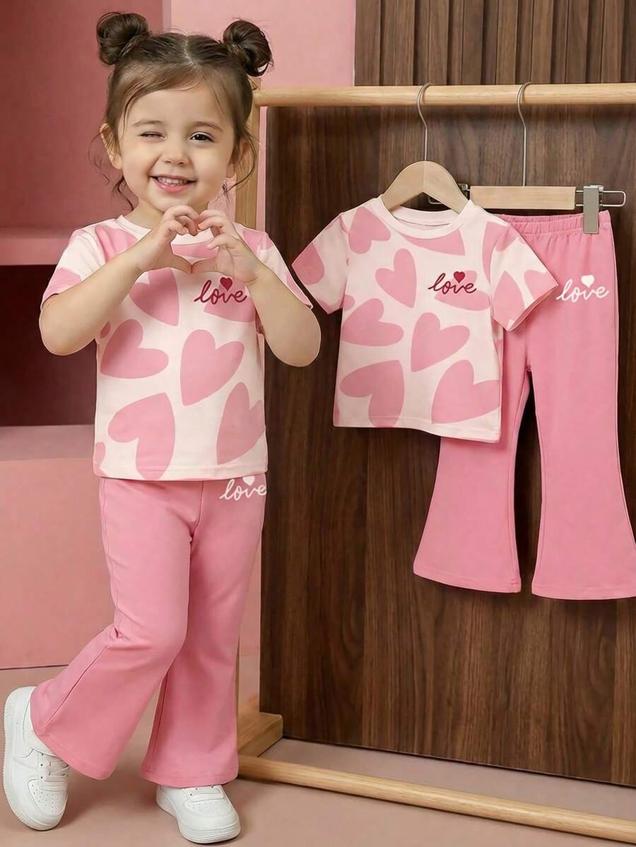 Soft Round Neck Short Sleeve Top and Flexible Flare Leg Trousers Casual Spring Summer Clothes Set for Girls