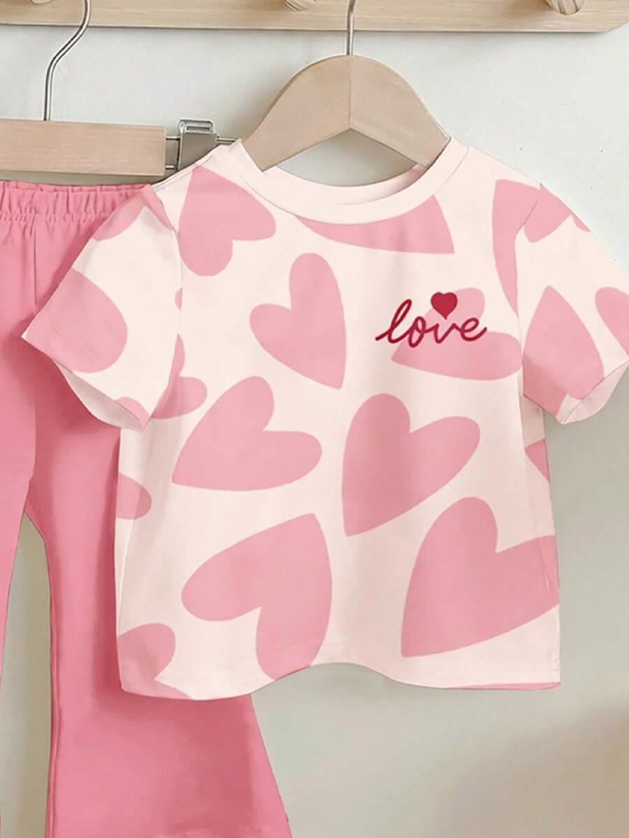 Soft Round Neck Short Sleeve Top and Flexible Flare Leg Trousers Casual Spring Summer Clothes Set for Girls