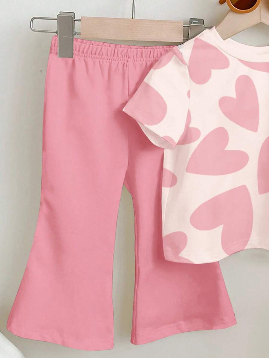 Soft Round Neck Short Sleeve Top and Flexible Flare Leg Trousers Casual Spring Summer Clothes Set for Girls