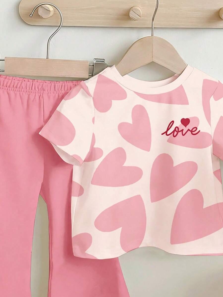 Soft Round Neck Short Sleeve Top and Flexible Flare Leg Trousers Casual Spring Summer Clothes Set for Girls