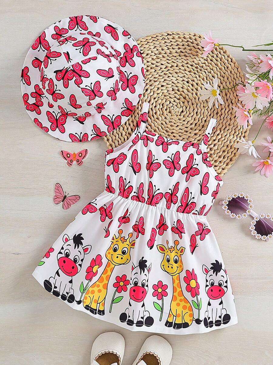 2pcs Baby Girl Floral Print Dress and Hat Set for Spring and Summer Wear