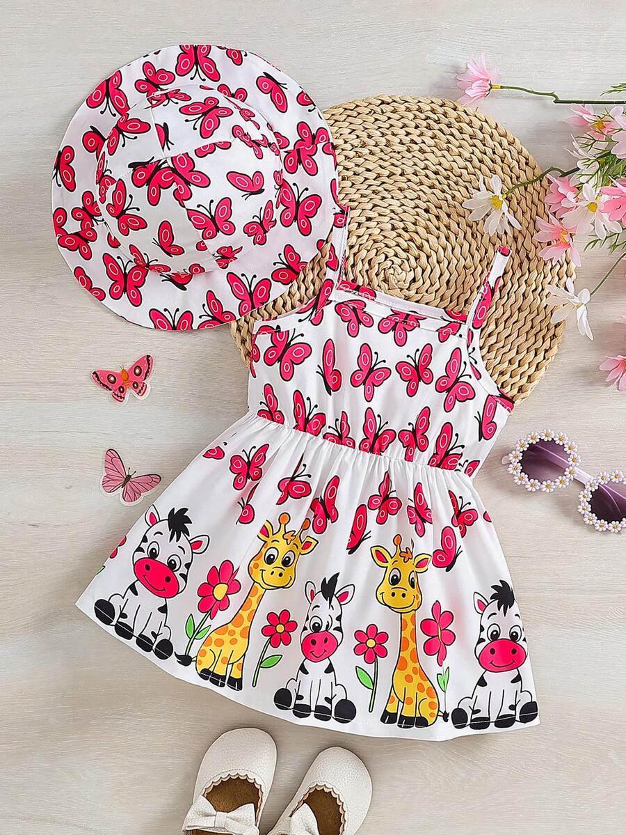 2pcs Baby Girl Floral Print Dress and Hat Set for Spring and Summer Wear