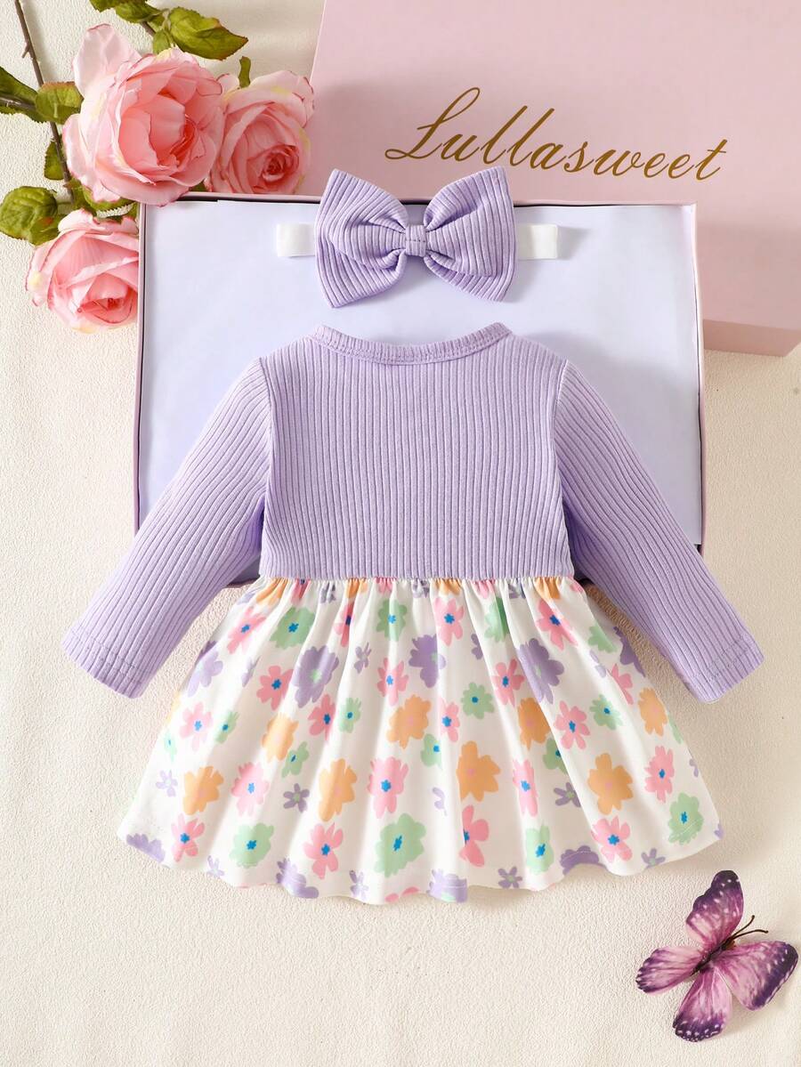 Baby Floral Bow Dress and Headband Set for Sweet Autumn and Winter Daily Wear