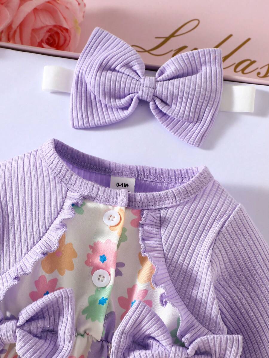 Baby Girl Floral Patchwork Dress & Headband Set - Sweet Pink Autumn Outfit