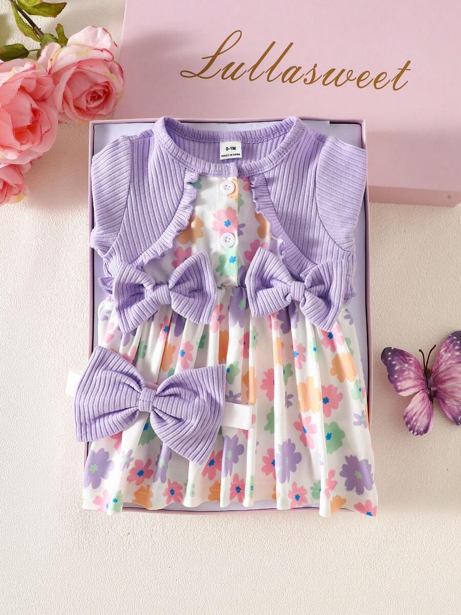 Baby Floral Bow Dress and Headband Set for Sweet Autumn and Winter Daily Wear