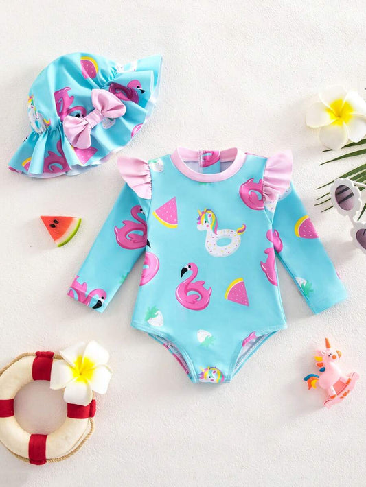 Baby All-Over Print Long Sleeve Swimsuit Set with Matching Sun Protection Hat