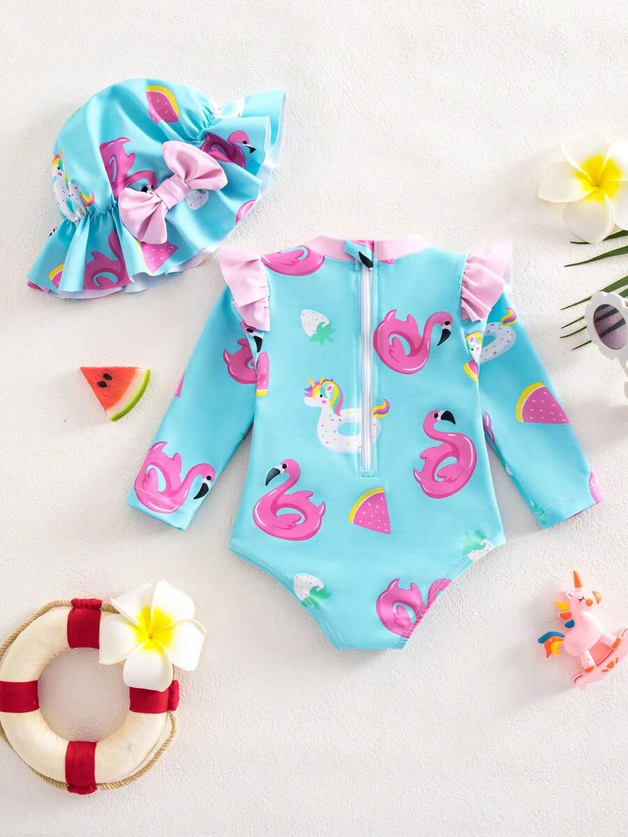 Baby All-Over Print Long Sleeve Swimsuit Set with Matching Sun Protection Hat