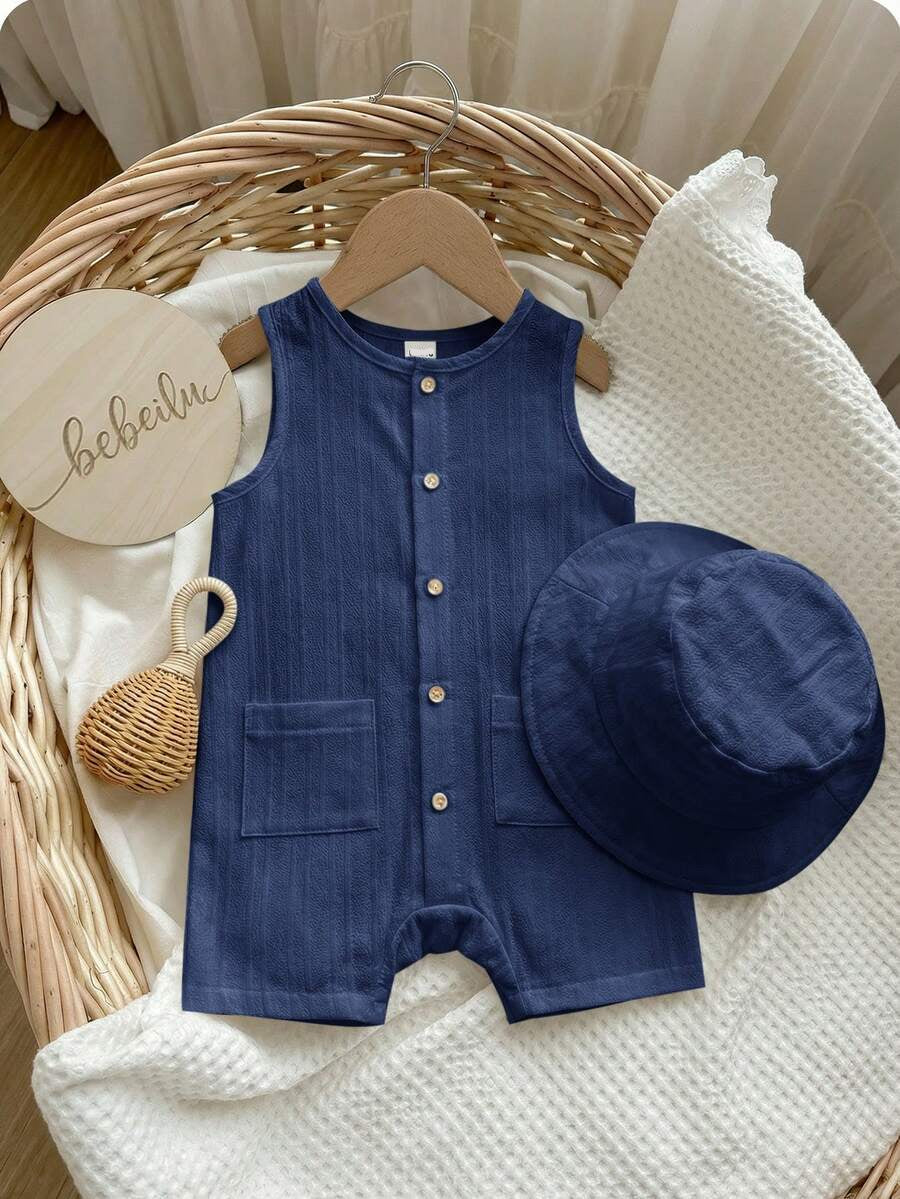 Baby Boy White Sleeveless Romper with Pockets Casual Short Jumpsuit for Everyday Wear