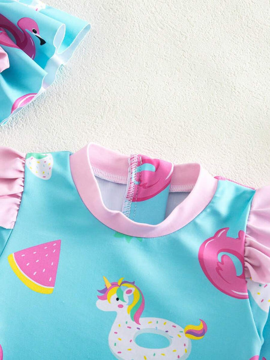 Baby All-Over Print Long Sleeve Swimsuit Set with Matching Sun Protection Hat