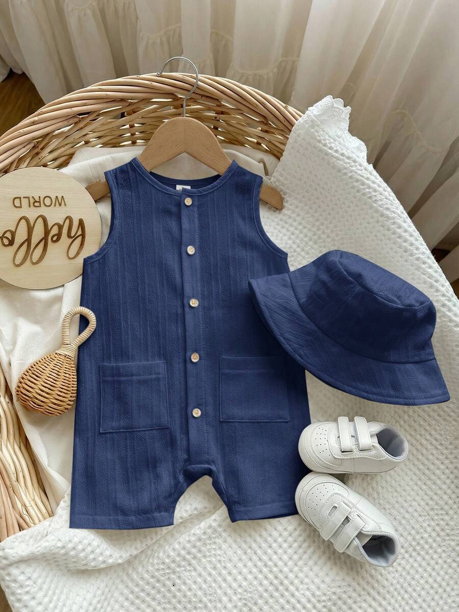 Baby Boy White Sleeveless Romper with Pockets Casual Short Jumpsuit for Everyday Wear