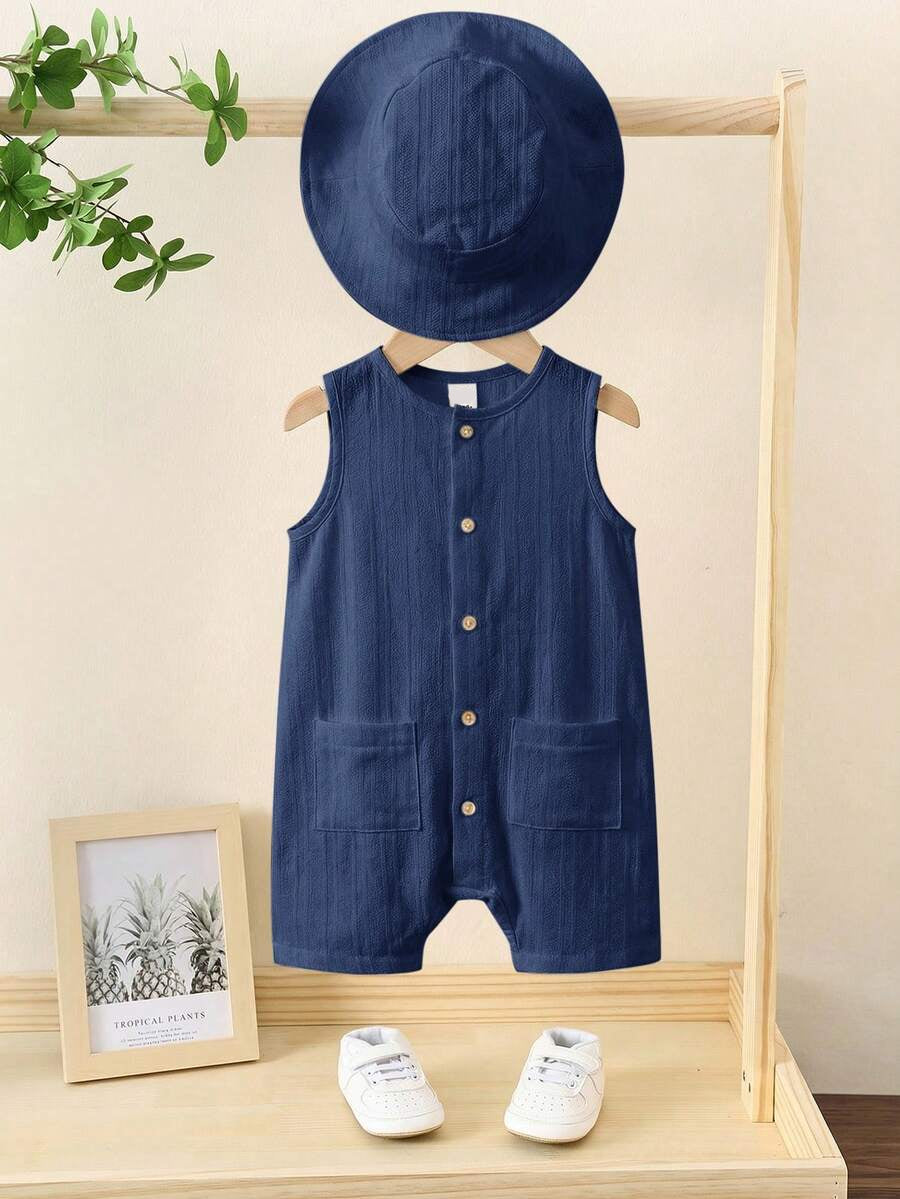 Baby Boy White Sleeveless Romper with Pockets Casual Short Jumpsuit for Everyday Wear