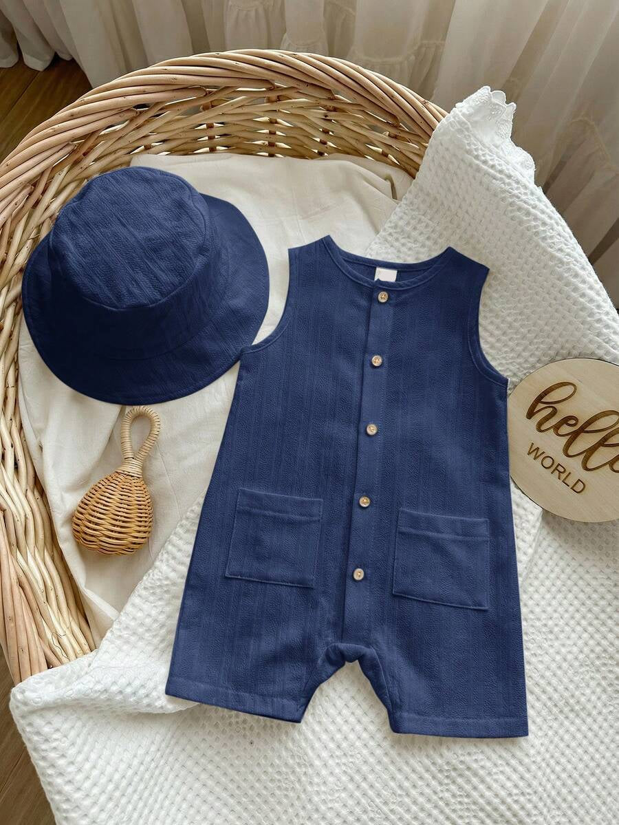 Baby Boy White Sleeveless Romper with Pockets Casual Short Jumpsuit for Everyday Wear
