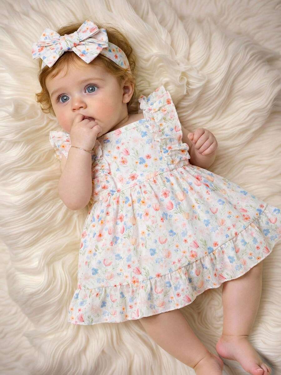 2PCS Baby Strawberry Plaid Dress and Bow Headband Set for Cute Spring and Summer Outings