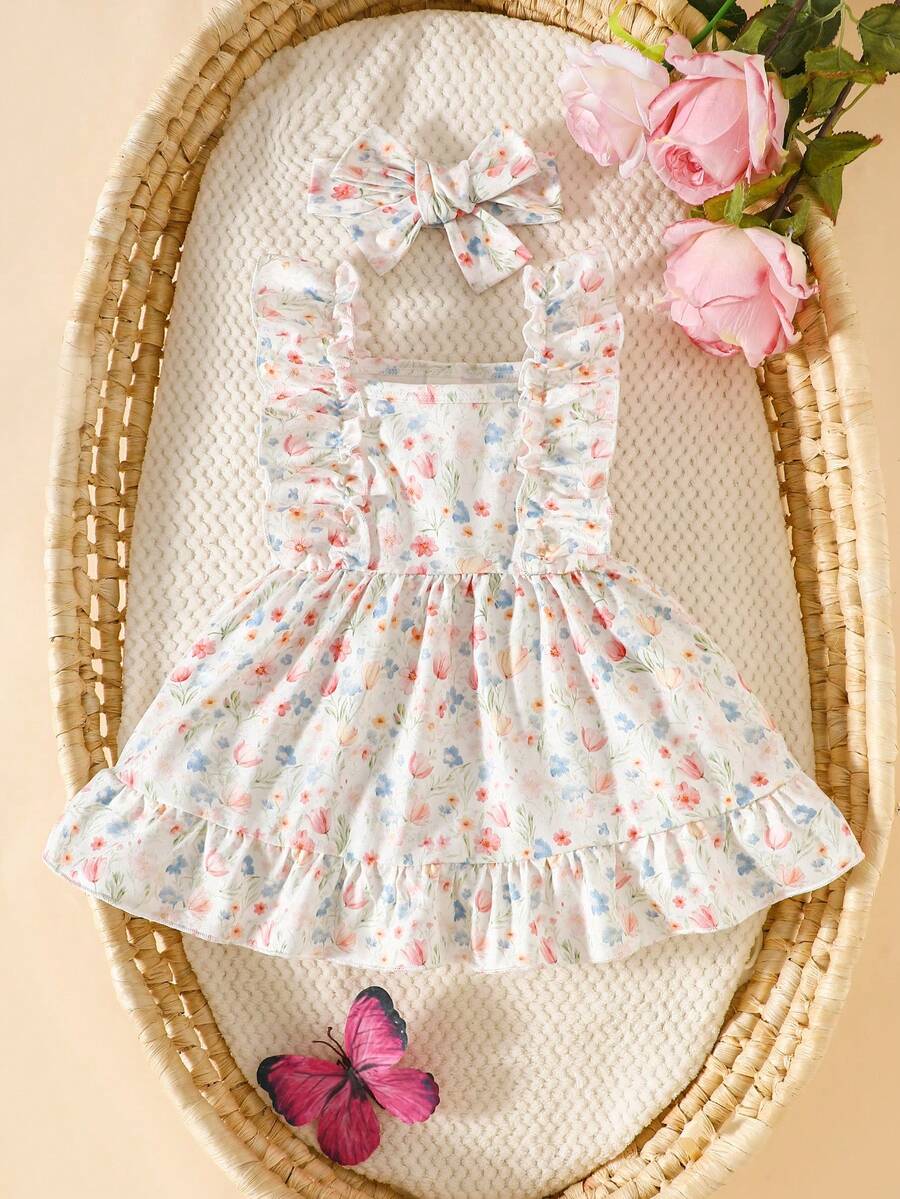 2PCS Baby Strawberry Plaid Dress and Bow Headband Set for Cute Spring and Summer Outings