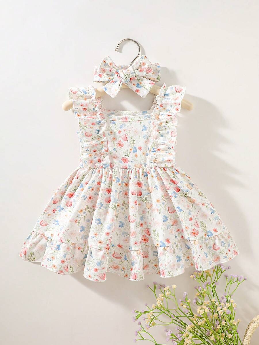 2PCS Baby Strawberry Plaid Dress and Bow Headband Set for Cute Spring and Summer Outings