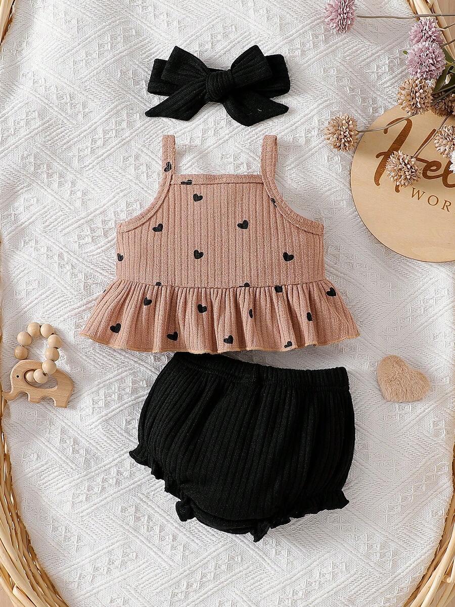 Baby Girl Heart Print Camisole Top and Shorts Set for Cute Summer Daily Wear