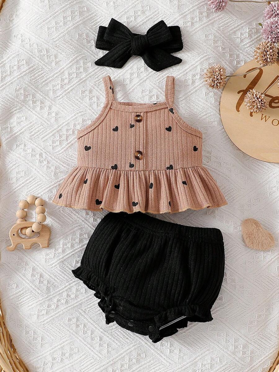Baby Girl Heart Print Camisole Top and Shorts Set for Cute Summer Daily Wear