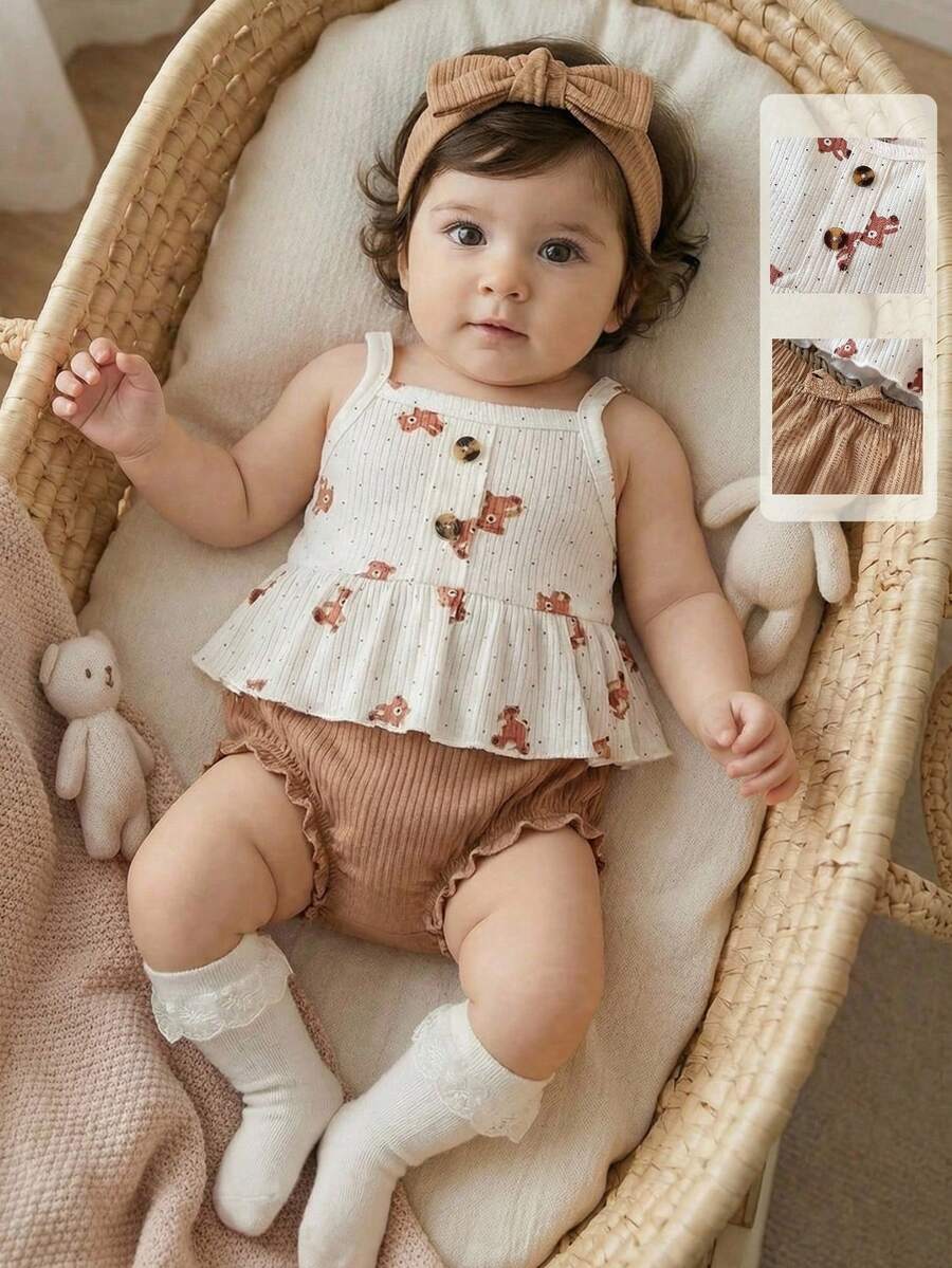 2PCS Baby Heart Print Rib Knit Top and Shorts Set for Cute Summer Daily Wear