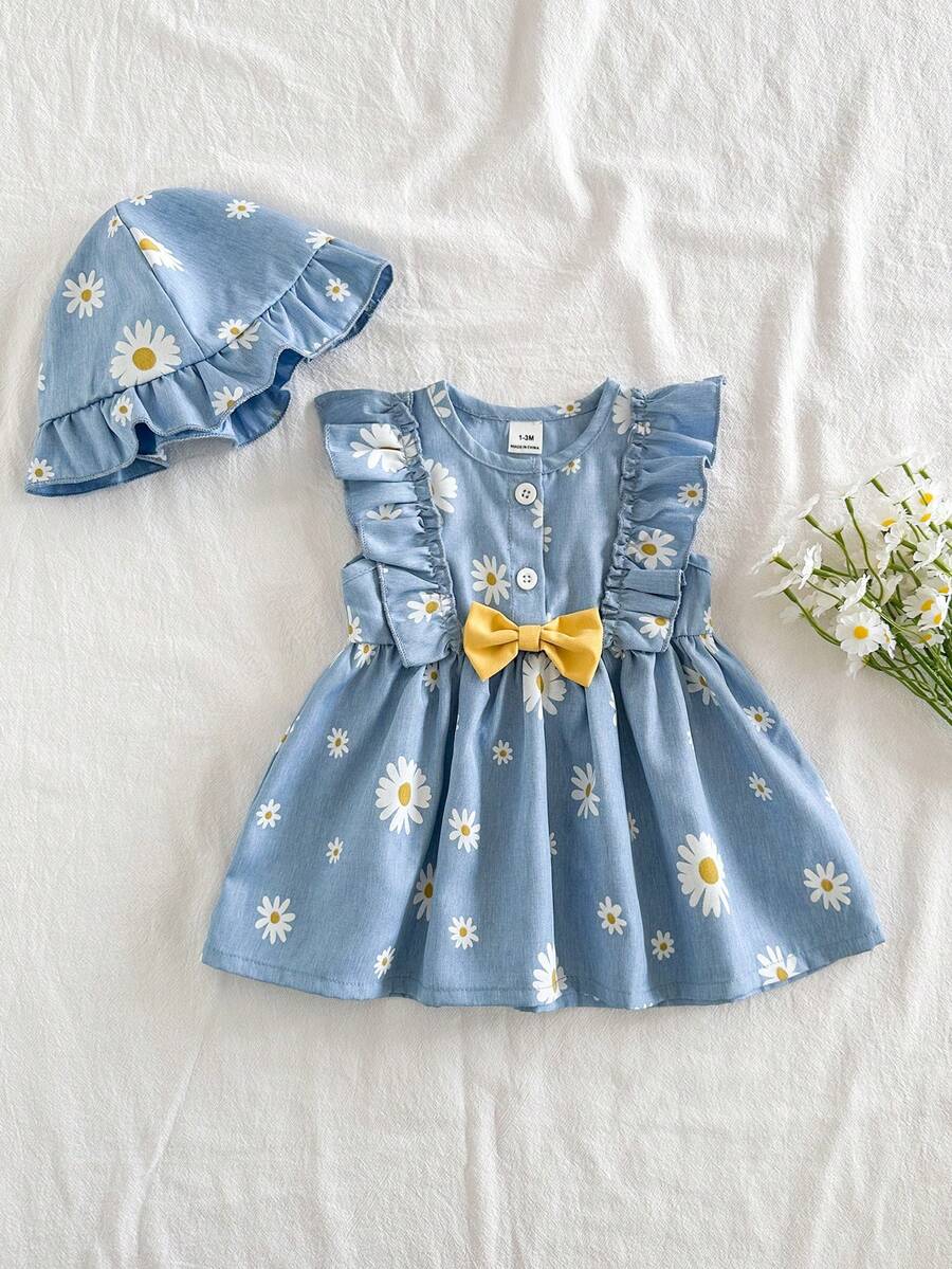 Baby Cherry Print Sleeveless Dress and Red Hat Set for Cute Summer Outings
