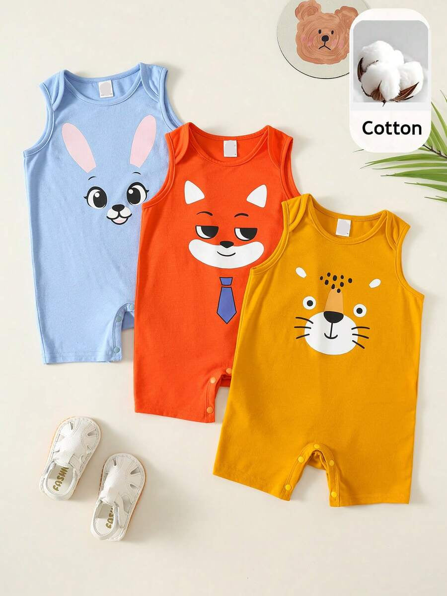 Unisex Newborn Baby Cartoon and Stripe Print Romper 3 Piece Summer Outfit Set