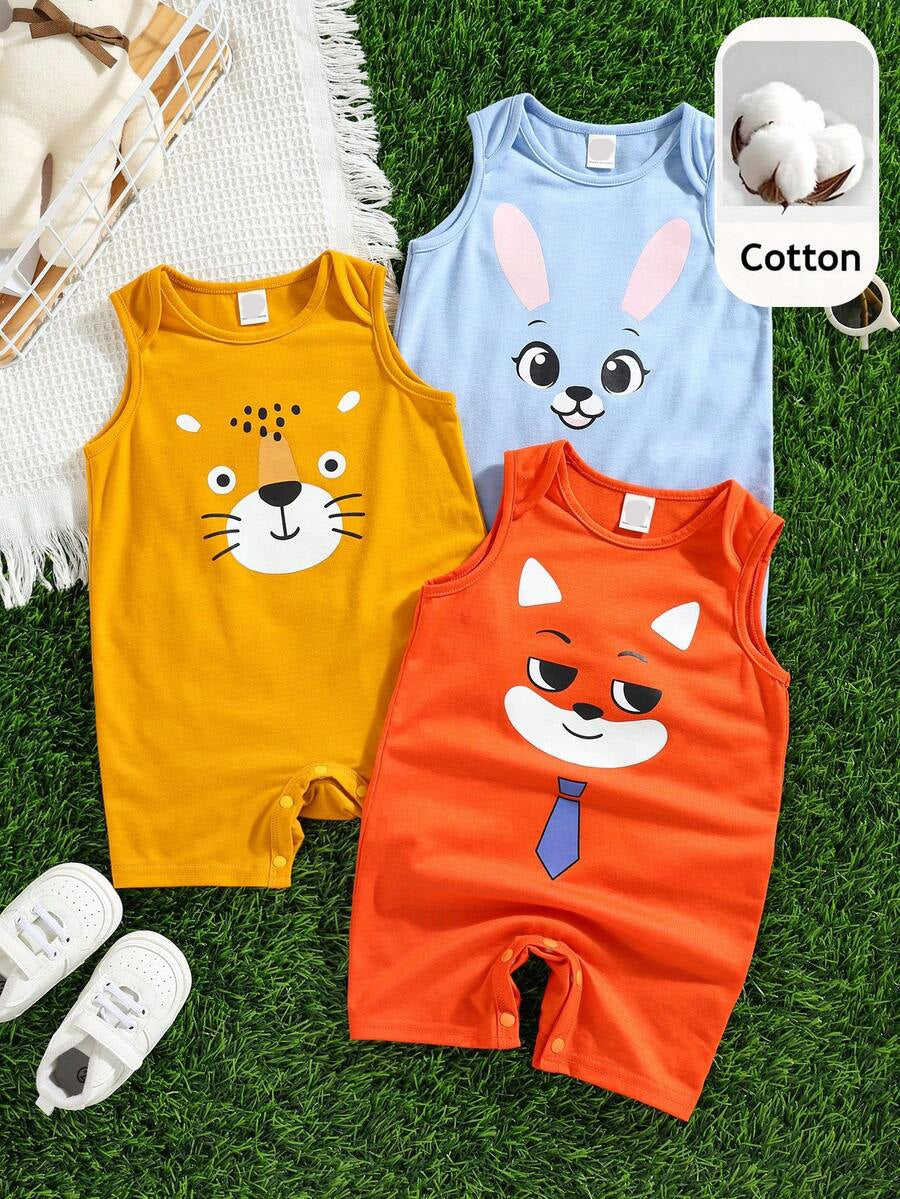 Unisex Newborn Baby Cartoon and Stripe Print Romper 3 Piece Summer Outfit Set
